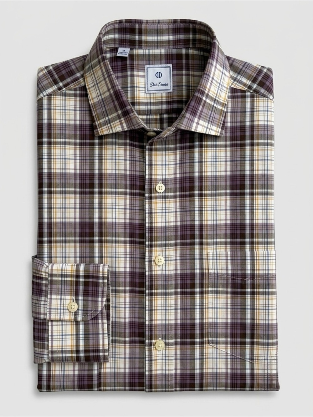 David Donahue Men’s Large Brown Plaid Button-Up Shirt | 100% Cotton